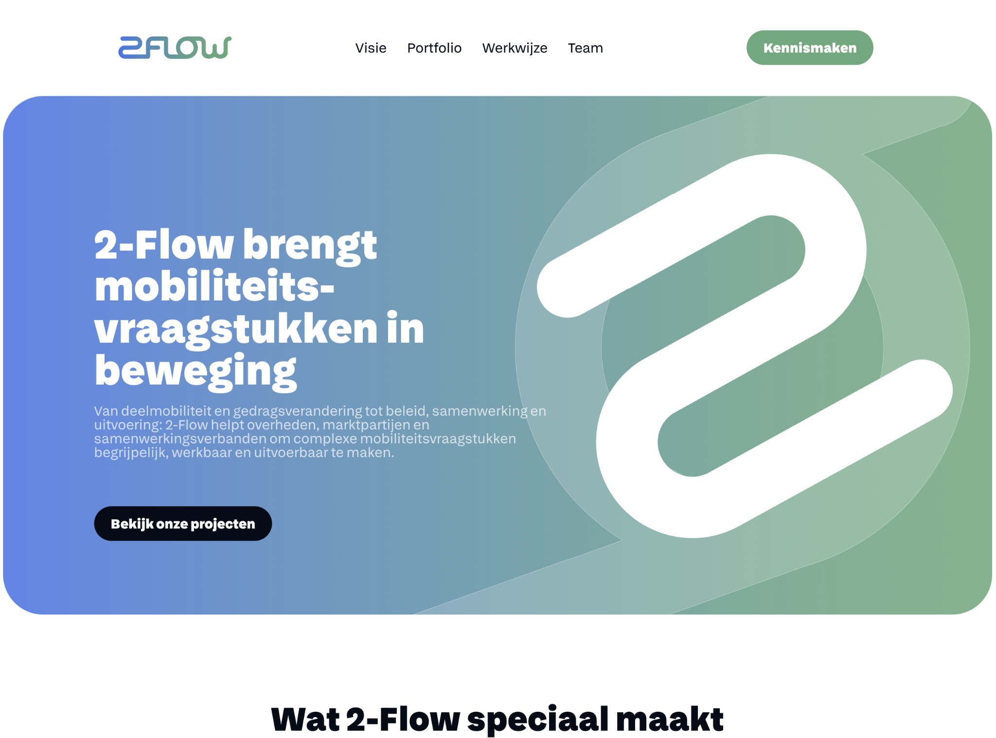 Websitepresentatie van 2-Flow met blauwgroene achtergrond en mobiliteitsadvies