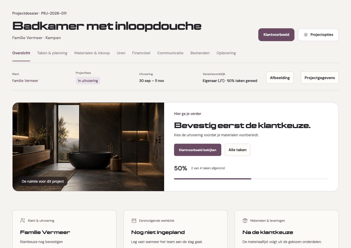 MANE projectscherm met fictieve oefengegevens